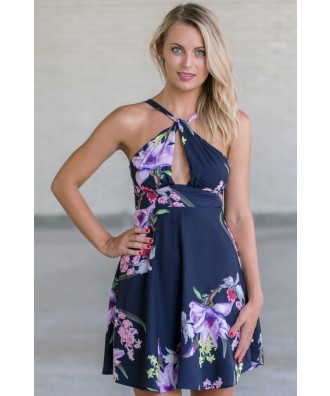Navy Blue Floral Print Sundress, Cute Summer Dress, Online Boutique Navy Dress