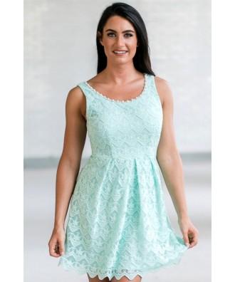 Cute Blue Mint Lace A-line Dress, Mint Lace Party Dress, Mint Lace Bridesmaid Dress