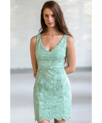 Sage Green Embroidered Sheath Dress, Cute Online Boutique Green Dress, Sage Green Bridesmaid Dress