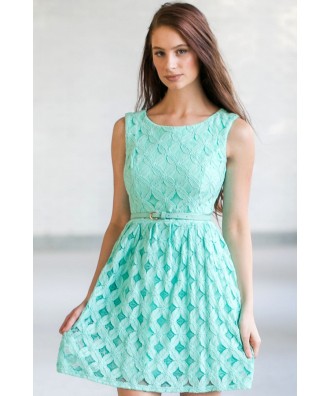 Aqua Mint Lace A-Line Dress, Belted Mint Lace Dress, Cute Summer Dress, Mint Sundress, Boutique Dress