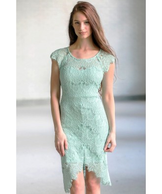 Cute Lace Dress Online, Sage Green Lace Sheath Dress, Light Green Lace High Low Sheath Dress