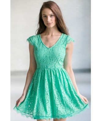Green Capsleeve Lace A-Line Dress, Cute Green Online Boutique Lace Dress, Lace Party Dress