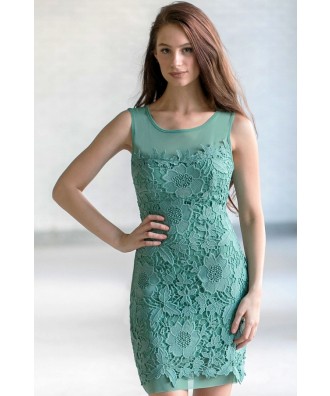 Sage Green Lace Sheath Dress, Cute Sage Green Party Dress, Sage Green Lace Bridesmaid Dress
