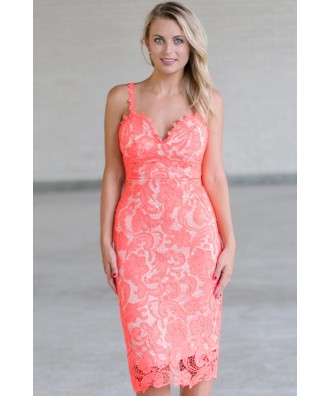 Coral Lace Pencil Dress, Coral Cocktail Dress, Cute Coral Summer Dress