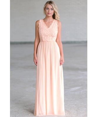 Peach Lace Maxi Dress Online, Cute Summer Dress, Peach Lace Bridesmaid Dress