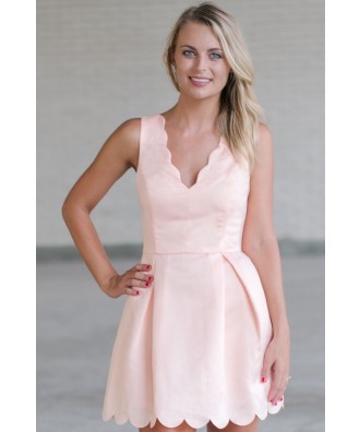 Peach Party Dress, Peach A-Line Scallop Dress, Cute Peach Dress, Peach Summer Dress