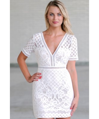 White Lace Sheath Dress, Cute White Dress, Rehearsal Dinner Dress, Bridal Shower Dress