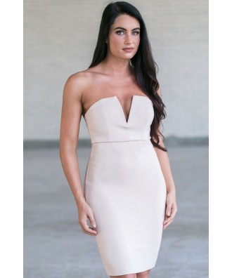 Nude Beige Strapless Cocktail Party Dress