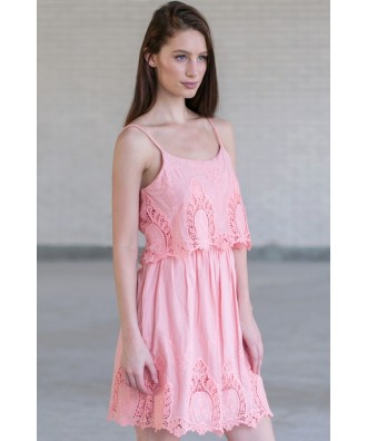 Pink Embroidered Flutter Top Dress, Cute Pink Summer Dress Online, Pink ...