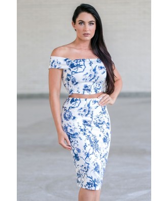 Cute Blue and White Floral Print Two Piece Outfit, Juniors Online Boutique