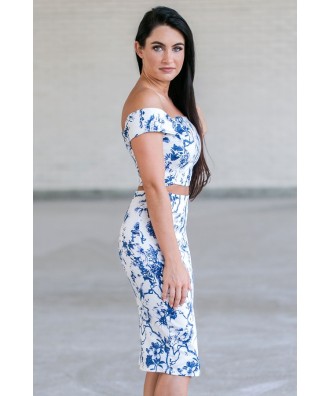 Blue and White Floral Print Two Piece Outfit, Cute Blue and White ...