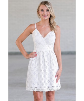 Off White Lace A-Line Party Dress, Cute Ivory Summer Sundress Online, Rehearsal Dinner Dress