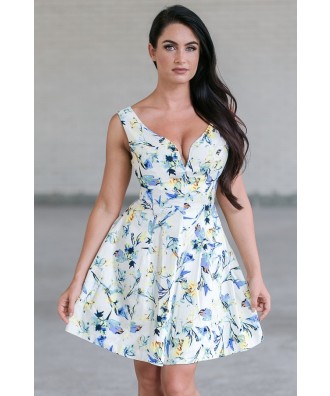 Blue Floral Print A-Line Sundress, Cute Summer Dress Online, Juniors Dress