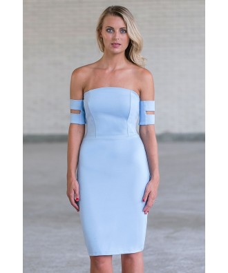 Pale Blue Off Shoulder Bodycon Dress, Sky Blue Cocktail Dress, Juniors Dress Online