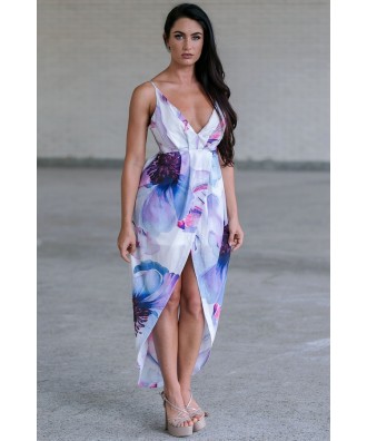 Blue Floral Print Wrap High Low Dress Online, Cute Summer Juniors Dress, Watercolor Party Dress