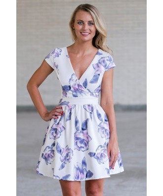 Purple Floral Print A-Line Party Dress, Cute Summer Dress Online