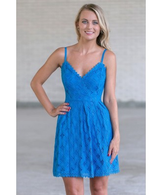 Bright Blue A-Line Lace Dress, Cerulean Blue Summer Dress Online