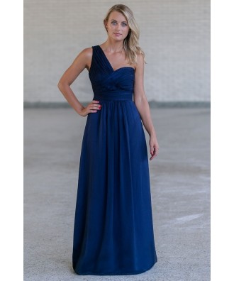 Navy Blue One Shoulder Maxi Formal Bridesmaid Dress