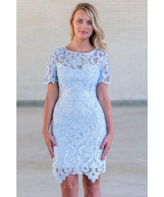 Cute Sky Blue Lace Dress Online, Juniors Pale Blue Lace Dress, Boutique Bridesmaid Dress