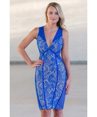 Blue Lace Bodycon Dress, Cute Blue Lace Dress Online, Blue Juniors Boutique Dress