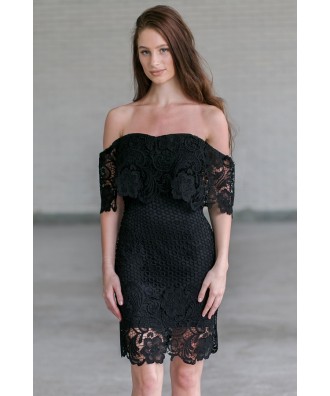 Black crochet lace off shoulder dress, Cute Little Black Dress Online