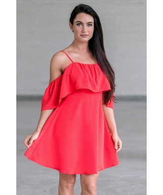 Red Off Shoulder Ruffle Dress, Cute Red Party Dress Online