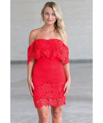 Red crochet lace off shoulder dress, Cute Juniors Dress Online