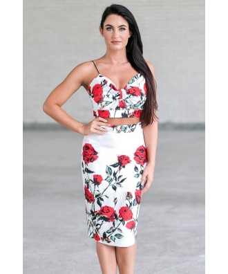 Red and White Rose Print Two Piece Outfit, Cute Rose Print Dress