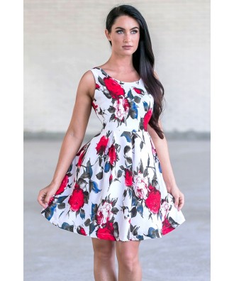 Red and White Rose Print Party Dress, Cute Summer Dress