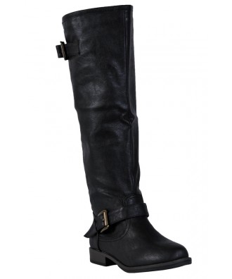 Cute Black Red Zipper Boots, Black Riding Boots