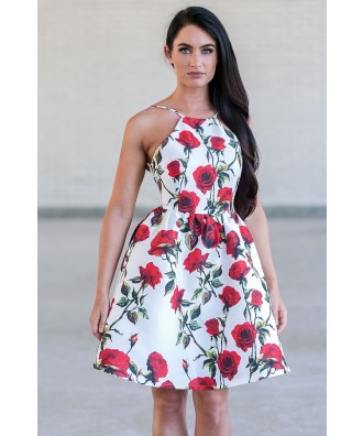 Red and White Rose Print Party Dress, Cute Juniors Dress Online