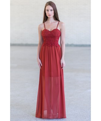 Rust Red Lace Maxi Dress, Cute Summer Maxi Dress Online