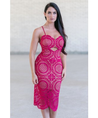 Raspberry Pink Purple Crochet Lace Midi Dress, Cute Boutique Dress