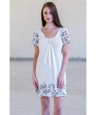 Cream and Black Embroidered Babydoll Dress, Cute Juniors Dress Online