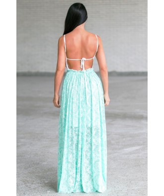 Mint Green and Ivory Open Back Maxi Dress, Cute Mint Summer Boutique ...
