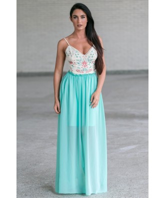 Mint Embroidered Open Back Maxi Dress, Cute Juniors Summer Dress