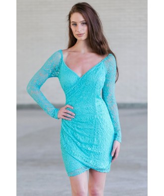 Jade Green Lace Bodycon Dress, Cute Lace Cocktail Dress For Juniors