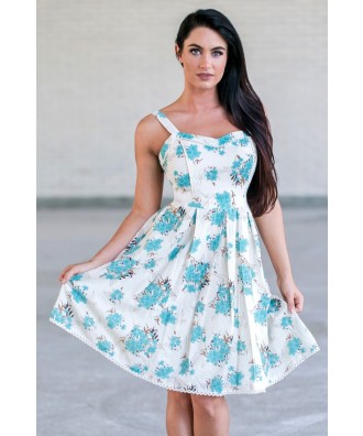 Jade Blue Floral Print Summer Sundress, Cute Juniors A-line Dress