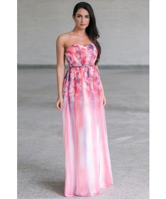 Pink Floral Print Maxi Dress, Watercolor Prom Dress