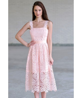 Pink Lace Midi Dress, Cute Pink A-Line Dress