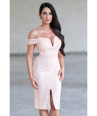 Peach Lace Off Shoulder Dress, Cute Peach Pencil Dress Online
