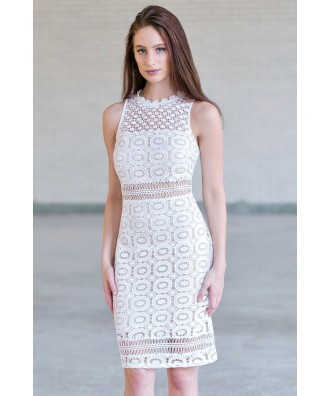 Ivory Crochet Lace Sheath Dress, Cute Rehearsal Dinner Dress