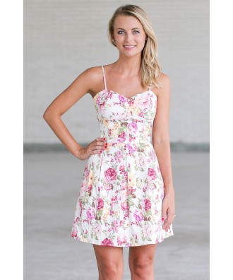 Pink and White Floral Print Summer Dress, Cute Juniors A-Line Sundress