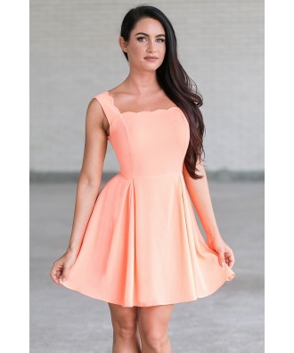 Neon Orange Coral Scalloped A-Line Summer Dress
