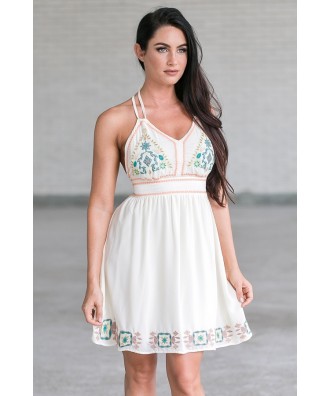 Cream Embroidered Summer Sundress, Cute Juniors Dress Lily Boutique