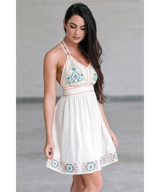 Cream Embroidered Summer Sundress, Cute Juniors Dress Lily Boutique