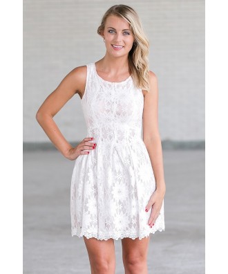 White Lace A-Line Dress, Cute Rehearsal Dinner Dress, Bridal Shower Dress