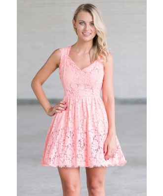 Pink Lace A-Line Dress, Cute Pink Party Dress Online Lily Boutique