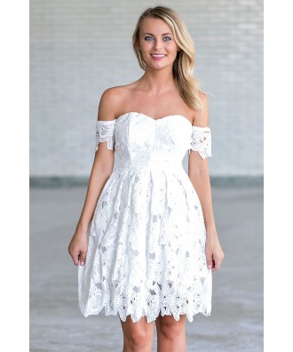 Off White Crochet Lace Off Shoulder Dress, Cute Rehearsal Dinner Dress, Bridal Shower Dress