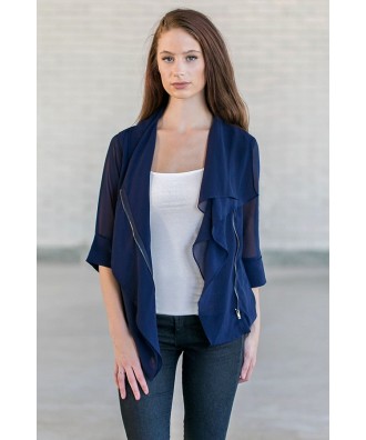 Navy Chiffon Jacket, Cute Navy Blazer